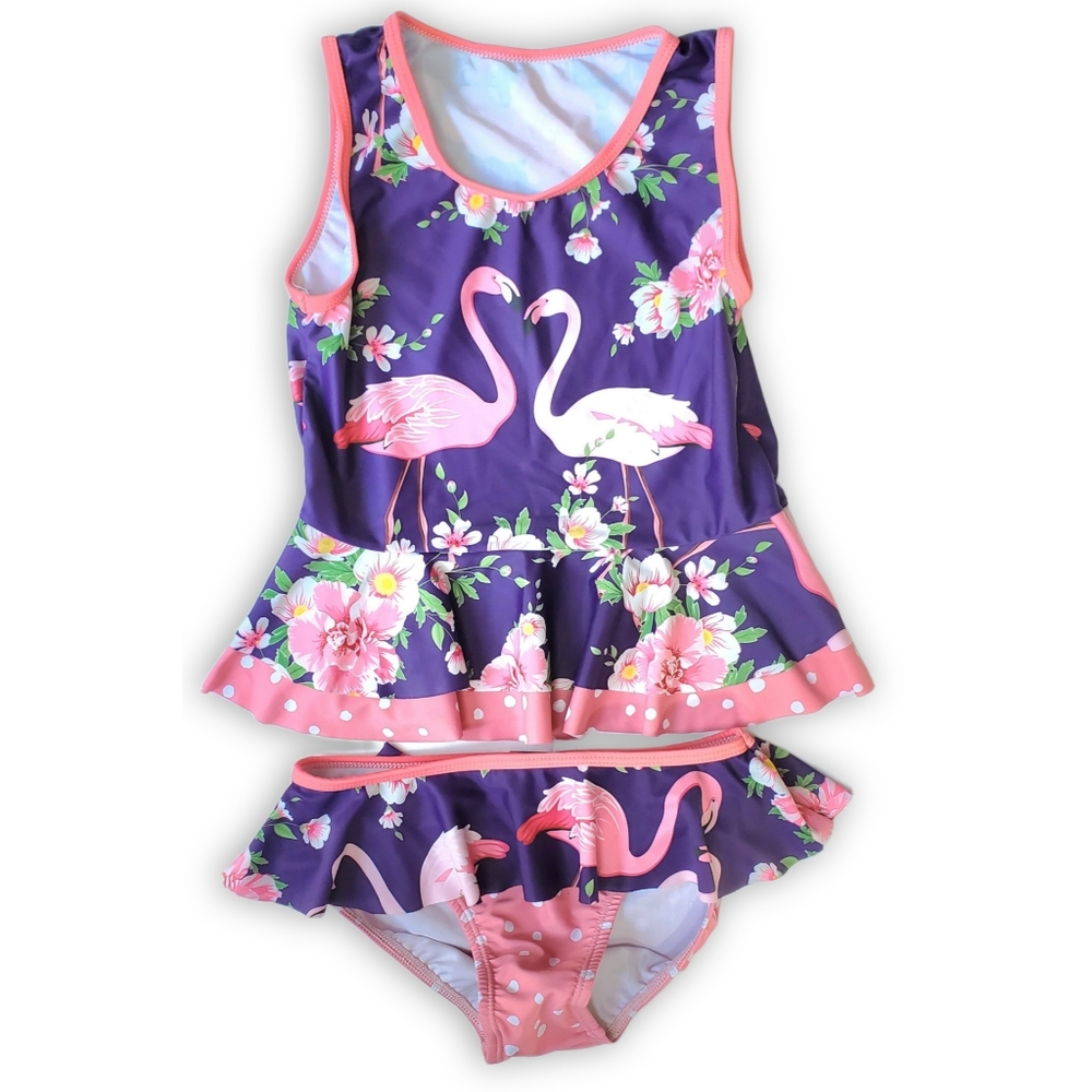 Penelope Plum Girls Size 10 -2 Piece Tankini Swimsuit Flamingo Floral Polka Dot